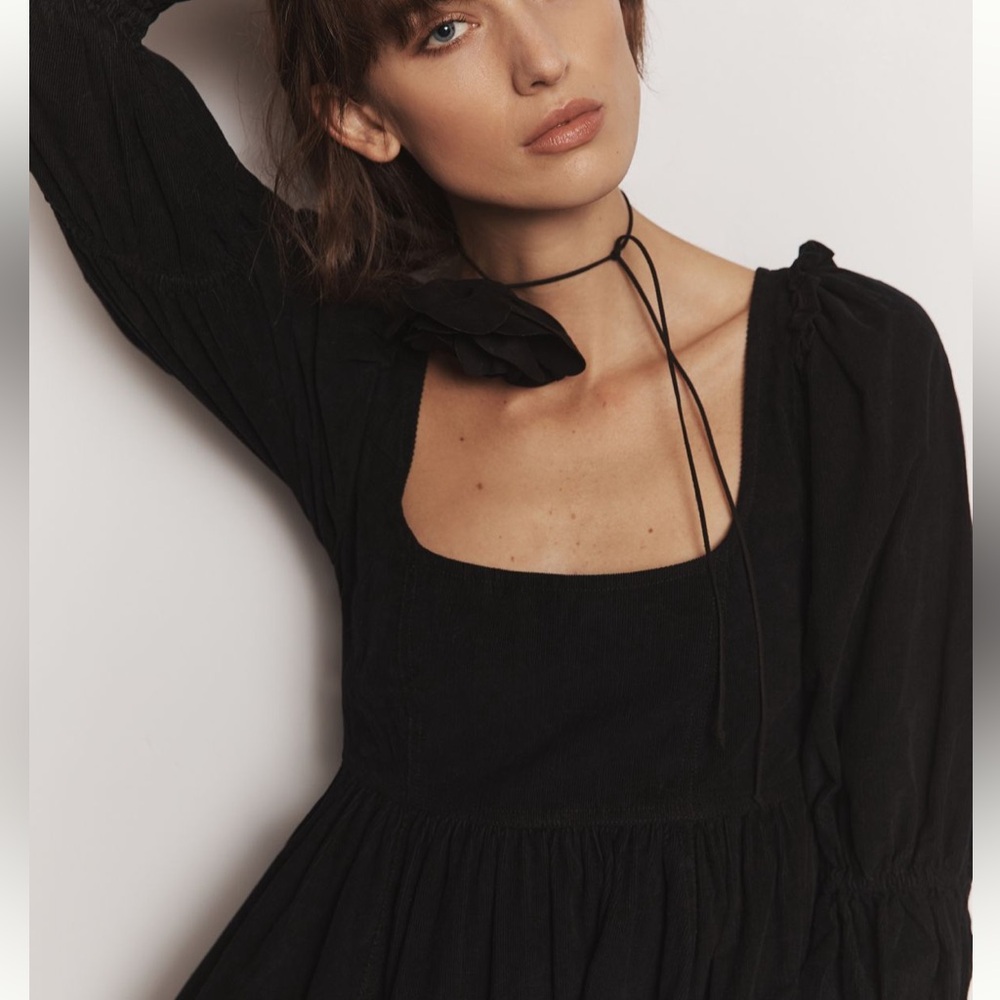 Square Neck Black Corduroy Mini Dress - image 4